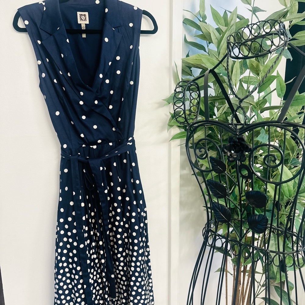 Anne Klein Navy and White Polka Dot Midi Dress